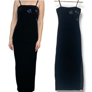 Vintage 90s Y2K Black Velvet Sparkle Butterfly Leg Slit Maxi Prom Gown Small